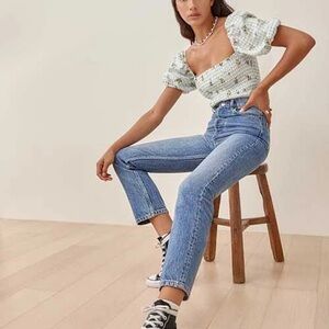 Reformation - Mulberry Linen Top - S - Al Fresco blue gingham floral